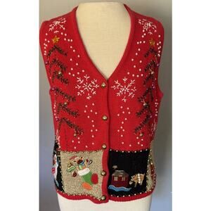 VTG Lisa International Sz PM Ugly Christmas Sweater Vest Real Jingle Bells Snow
